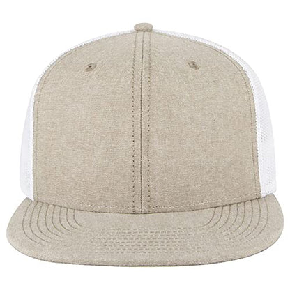 Ashen Fane 6 Panel Mid Profile Mesh Back Structured Trucker Adjustable Snapback Hat - color: Chambray Khaki/White