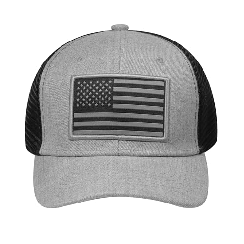 American Flag Trucker Hat, Patriotic Baseball Cap for Men & Women, Breathable Mesh Adjustable Snapback, USA Flag Patch - color: Heather/Black