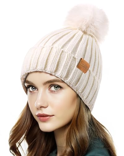 Womens Winter Beanie Hat Fleece Lined Warm Skull Cap with Faux Fur Pom Cuff Knitted Hat for Women - color: White