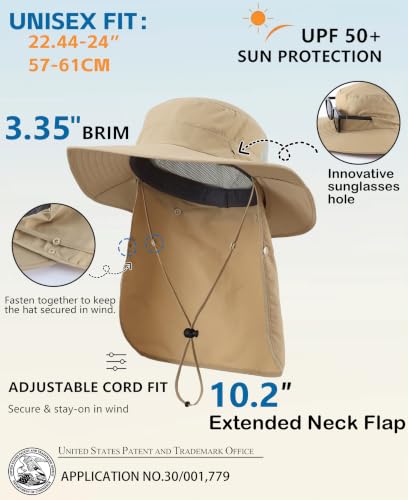 Home Prefer UPF 50+ Wide Brim Sun Hats with Neck Flap Sun Protection Hat for Men Women Gardening Fishing Summer Bucket Hat - color: Khaki