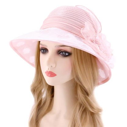 Haoohu Women's Church Derby Hat Wide Brim Bow Bucket Hat Wedding Dress Hat Fascinator Bridal Tea Party Hat - color: Tm Light Pink