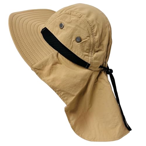 Packable and Adjustable Mesh Boonie Sun Hat with Neck Flap - color: Khaki