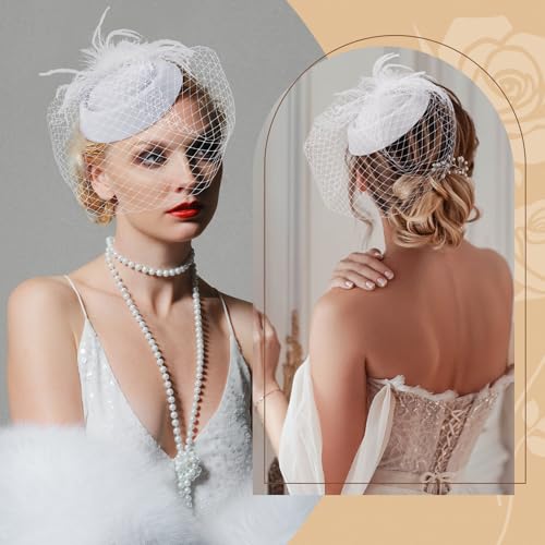 Fascinator Hat Veil Feather Fascinator Tea Party Bridal Wedding Veil Retro Hat Pillbox Hat - color: White