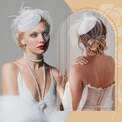 Fascinator Hat Veil Feather Fascinator Tea Party Bridal Wedding Veil Retro Hat Pillbox Hat - color: White