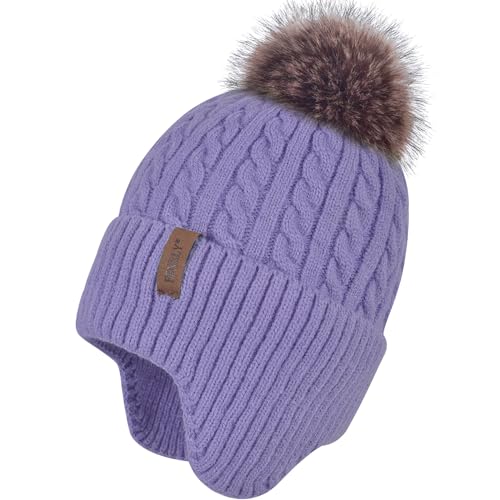 FENELY Women's Knitted Warm Beanie Winter Hat, Warm Chunky Snow Hat with Pompom - color: Purple