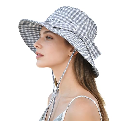 Women's Summer Plaid Sun Hat 100% Cotton Beach UV Protection Fishing Hat - color: Gray