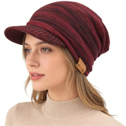 Ruphedy Mens Beanie with Brim Winter Hat Knitted Thick Fleece Visor Beanie - color: B319-claret