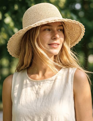 Women's Raffia Straw Bucket Hat Natural Raffia Beach Hat Handmade Woven Foldable Sun Hats Summer Travel Cap - color: Natural-scalloped