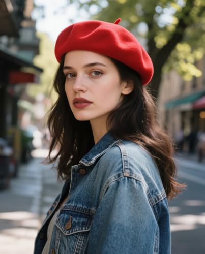 Wool French Beret Hats for Women Classic Winter Beanie Cap - color: Red