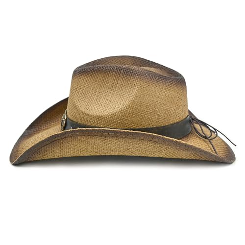 FLUFFY SENSE. Straw Cowboy Hat for Women and Men – Western Sun Hat for Country Concert, Rodeo and Cowgirl Outfits - color: Toasted Brown Longhorn Skull