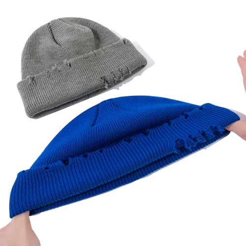 Frayed Knit Hat Winter Beanie for Men Women Hip-hop Slouchy Ripped Knitted Hat Unisex Skull Caps Ski Hat Watch Caps - color: Mg-zzm24pd38-blue