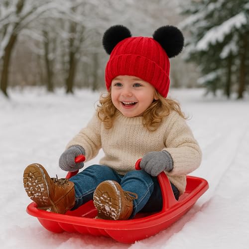 Toddler Winter Knit Hat Upgrade Fleece Lined Pompom Ears Beanies Cap for Boys Girls 3-12 Years - color: Red Black