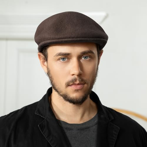 Wool Blend Mens Newsboy Caps, Classic Flat Cap Ivy Cabbie Gatsby Hat Winter Beret Hat for Men - color: Coffee
