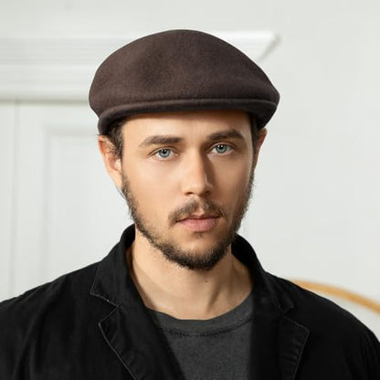 Wool Blend Mens Newsboy Caps, Classic Flat Cap Ivy Cabbie Gatsby Hat Winter Beret Hat for Men - color: Coffee