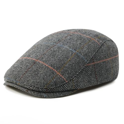 FEINION Men Wool Blend Flat Cap Tweed Newsboy Ivy Hat - color: Plaid Grey