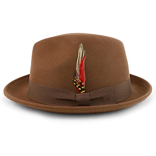 Armycrew Classic 100% Wool Felt Fedora with Feather Fits Upto 2XL - color: Pecan, size: XX-Large