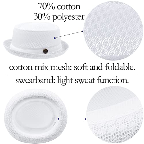 Straw Mesh Pork Pie Hat,Men Summer Fedora,Lightweight Bowler Flat Top - color: White+navy Blue