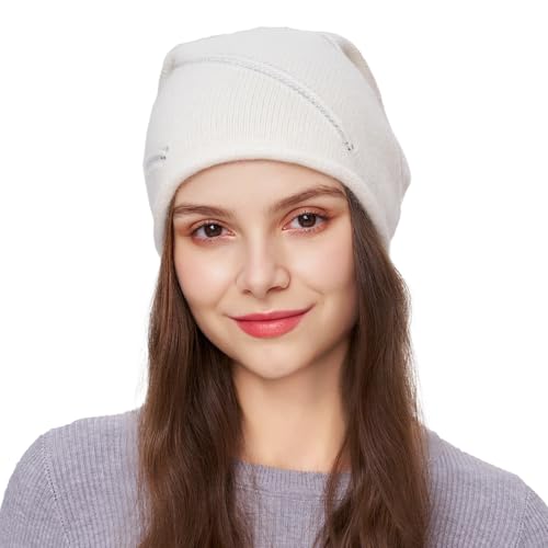 Women's Knitted Angora Wool Hat for Autumn and Winter Warm and Stylish with Rolled Brim and Slanted Rhinestones Cap - color: New-white