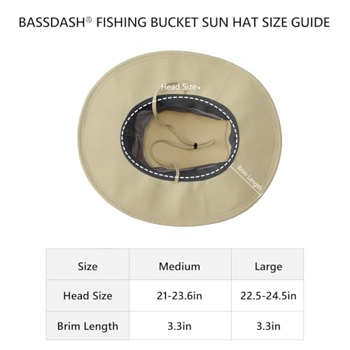 BASSDASH UPF 50+ Fishing Sun Hat Water Resistant Unisex Wide Brim Bucket Boonie Hat for Hiking Camping Safari FH15 - color: Khaki, size: Medium