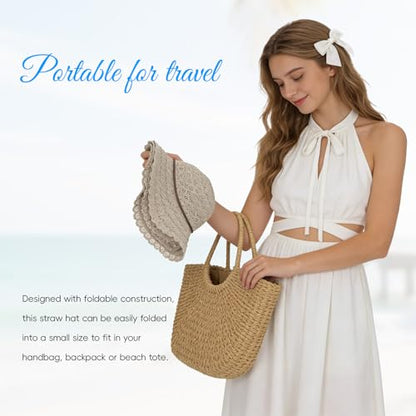 Womens Beach Sun Hats for Summer, Floppy Packable Wide Brim Hat for Vacation Travel - color: Khaki