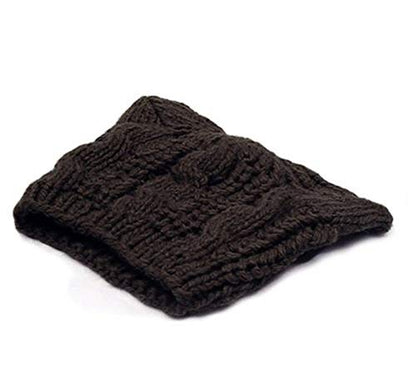 Women Winter Wool Baggy Beret Beanie Cute Devil Cat Ear Crochet Braided Knit Hat Ski Cap - color: Black