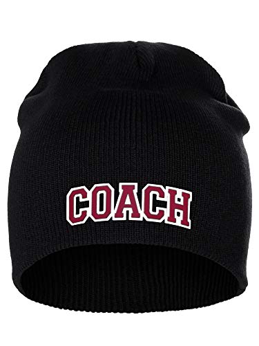 I&W Sports Team Coach Arch Letters Winter Knit Cuffless Beanie 3D Raised Layers - color: Black Beanie White Red