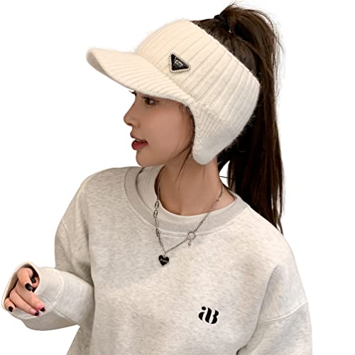 Open Beanie with Earflaps Visor Brim Bun Ponytail Winter Golf Tennis Hats Women - color: White