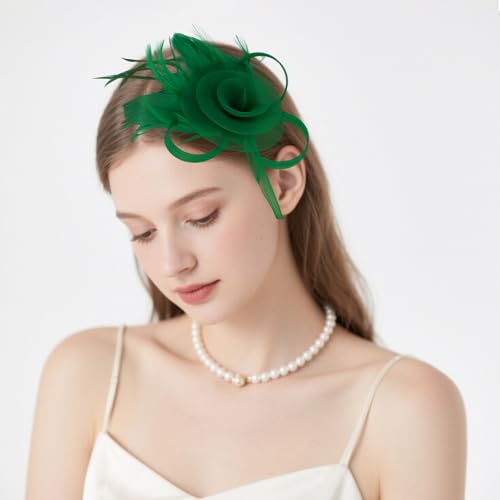 AMCAMI Fascinators Hats with Feather for Women 2026 Derby Hats Small Tea Party Hat with Headband - color: Green