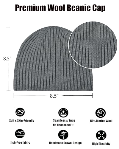 Wool Knit Beanie Hats for Men Women,Cuffless Winter Skull Caps - color: 1-light Grey