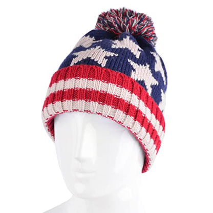 Parquet American Flag Knit Pom Beanie Ski Hat with Stars - size: Small-Medium