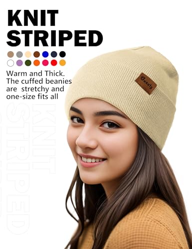 Beanie Hats for Men Women Knit Winter Hat, Warm Skull Stocking Cap, Striped Snow Hat Heated Cuffed Beanie - color: 2p-black+beige