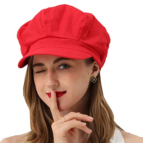 Womens Newsboy Cap Summer Beret Cap- 100% Cotton 8 Panels Vintage Cabbie Hat- Octagonal Visor Cap for Women Girls Ladies Gift - color: Red