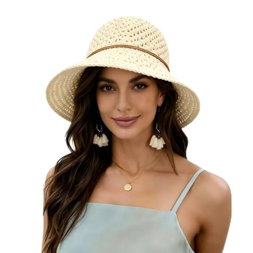 Women Wide Brim Sun Hat UPF50 Straw Summer Hat Floppy Beach Hat Roll-Up - color: Straw Hat Beige
