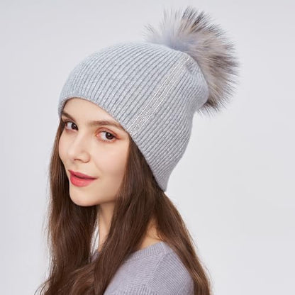Women's Knitted Angora Wool Hat for Autumn and Winter Warm and Stylish with Rolled Brim and Slanted Rhinestones Cap - color: A-silver