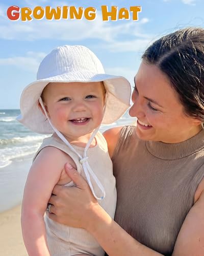 HONGTEYA Baby Sun Hat Muslin Wide Brim Toddler Girl Beach Bucket Hat - color: White/Beige, size: 2-5T