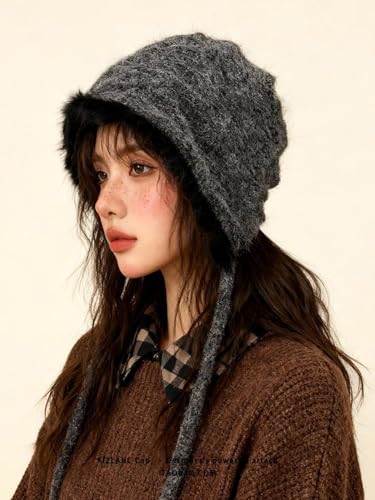 Women Winter Fleece Beanies Hat with Ear Flaps Soft Warm Crochet Skull Cap - color: B Grey