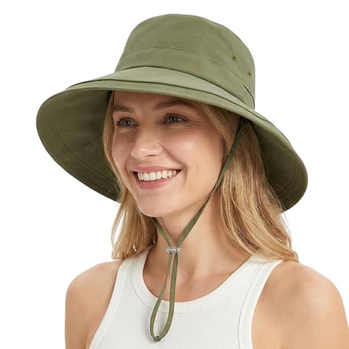 Women Summer Wide Brim Sun Hat UV Protection Ponytail Hole Waterproof Foldable Bucket Hat for Beach Hiking Travel - color: Army Green