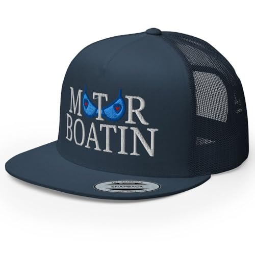 NX Motor Boatin Embroidered Flat Bill Trucker Hat High Crown Snapback Cap - color: Navy