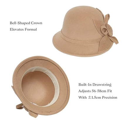 Woolen Cloche Hat for Women, Flower Winter Warm Bucket Cap - color: Camel
