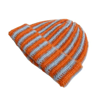 Rib Knit Striped Beanie Cuffed Winter Warm Casual Daily Hat for Unisex Adults - color: Orange