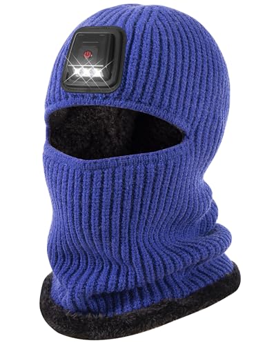 Winter Balaclava Knitted Ski Mask with LED Light - Fleece Lined Full Face Cover Windproof Snow Mask for Skiing, Motorcycling - color: Navy Blue