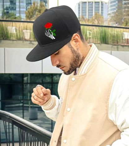 Snapback Hat for Men Skeleton Skull Hat Baseball Hats for Men - color: Holding a Rose