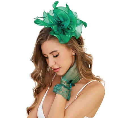GurZinn Fascinator Hat Veil Feather Fascinator Tea Party Bridal Wedding Veil Pillbox Hat - color: E-green Hat&glove