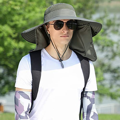 Women Wide Brim Face Mask Sun Hat Detachable Neck Face Flap Ponytail UV Protection Visor Hat Garden Fishing Hiking - color: Hyp008-armygreen