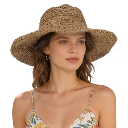 Womens Wide Brim Straw Sun Hat, Floppy Summer Straw Beach Hats, Foldable Crochet Summer Travel Beach Sun Cap - color: Khaki