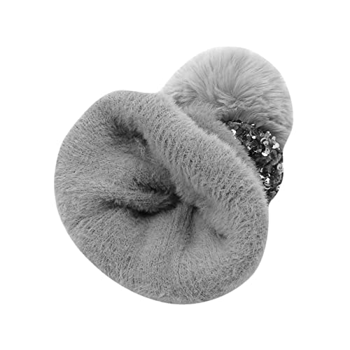 Women Sparkly Sequins Knitted Beanie Hat Warm Winter Skull Cap with Faux Fur Pom Pom - color: Gray