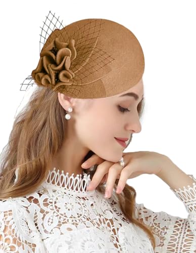 ORIDOOR British Style Pillbox Hat Women Church Wedding Winter Vintage Fascinator Beret 100% Wool Felt Hat with Veil - color: 03a Khaki