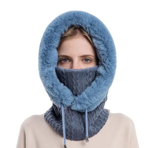 Womens Winter Hats, Warm Hooded Scarf Hat for Women, Fleece Beanie Hat with Drawstring, Balaclava Knit Skull Cap - color: Navy Blue