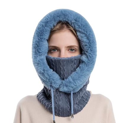 Womens Winter Hats, Warm Hooded Scarf Hat for Women, Fleece Beanie Hat with Drawstring, Balaclava Knit Skull Cap - color: Navy Blue