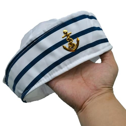 Sailor Hat Captain Navy Hat Adjustable Width Blue with White Sail Hats for Men Women Halloween Dressing Up Party Navy Costume Accessory